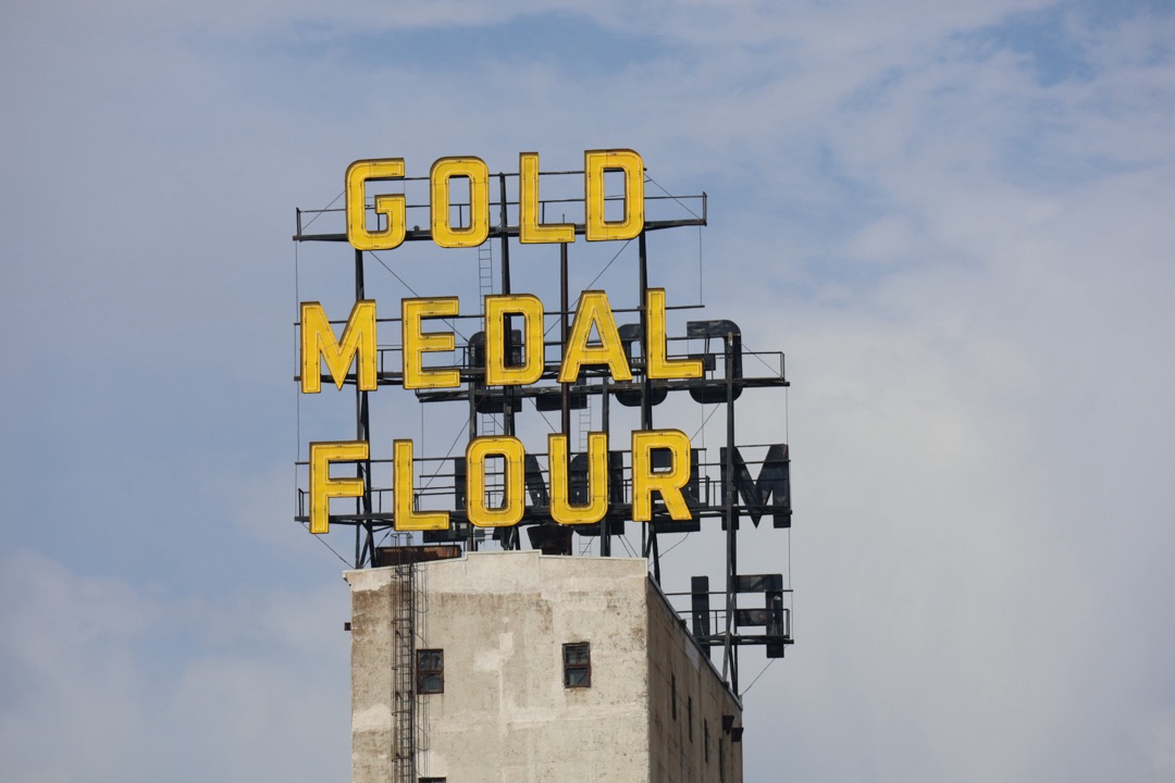 The Gold Medal Flour sign atop a historic Minneapolis mill